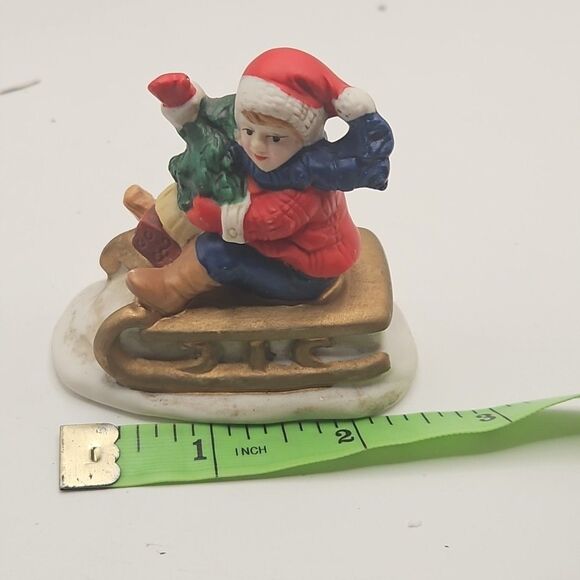 Vintage Russ Berrie & Co. Waving Child on Sleigh with Tree - Picture 16 of 16
